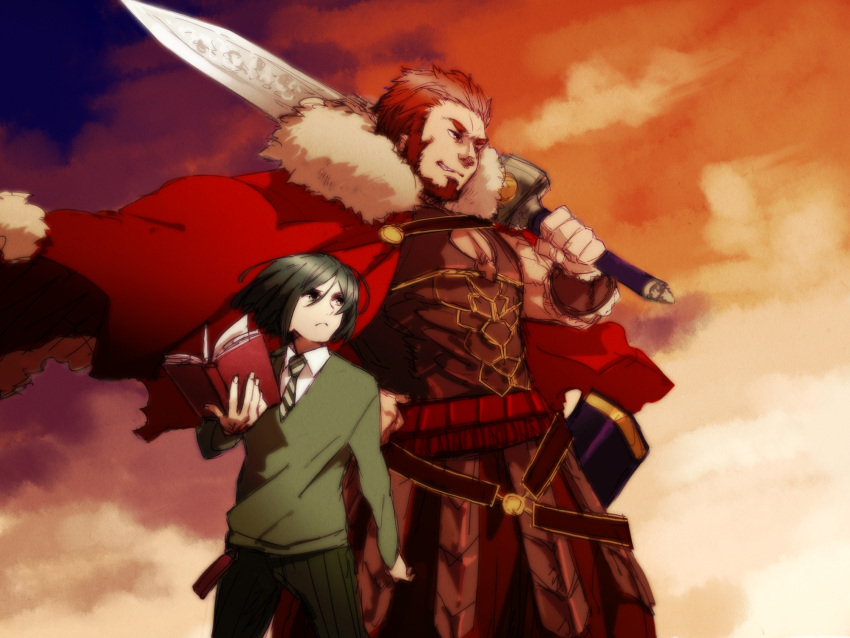 armor beard black_hair bob_cut book cape facial_hair fate/stay_night fate/zero fate_(series) green_eyes height_difference highres male multiple_boys necktie nns red_hair redhead rider_(fate/zero) size_difference sword waver_velvet weapon