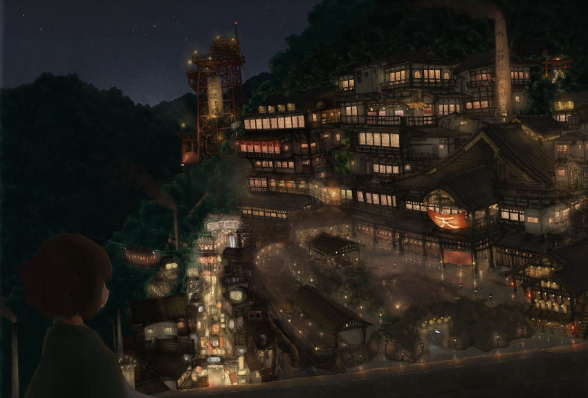 aerial_tram bow brown_hair cable chimney cityscape east_asian_architecture hair_bow highres lantern lights night night_sky onsen open_mouth original pipes pochi_(poti1990) poti1990 scenery sign sky solo star_(sky) tower tree