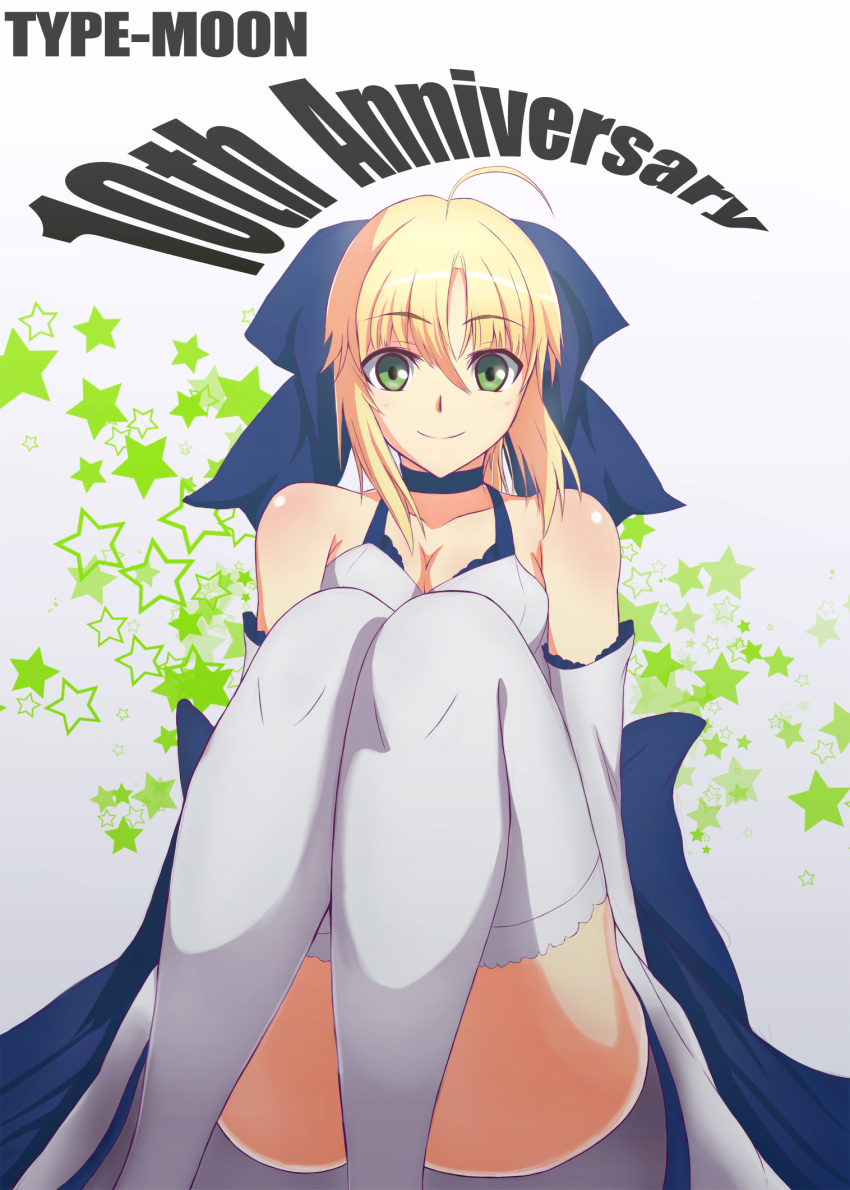 ahoge akatsuki_ikki anniversary bare_shoulders blonde_hair bow convenient_censoring convenient_leg dress face fate/stay_night fate/unlimited_codes fate_(series) green_eyes hair_bow highres looking_at_viewer saber saber_lily smile solo star thigh-highs thighhighs white_legwear