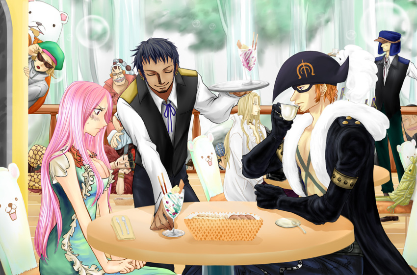 beard bepo blush breasts capone_gang_bege cleavage cup dress earrings eustass_captain_kid facial_hair food gloves hat jewelry jewelry_bonney jewelry_bonnie killer_(one_piece) large_breasts long_hair mask one_piece pink_eyes pink_hair puchiri scratchmen_apoo shachi_(one_piece) sunglasses table trafalgar_law urouge x_drake