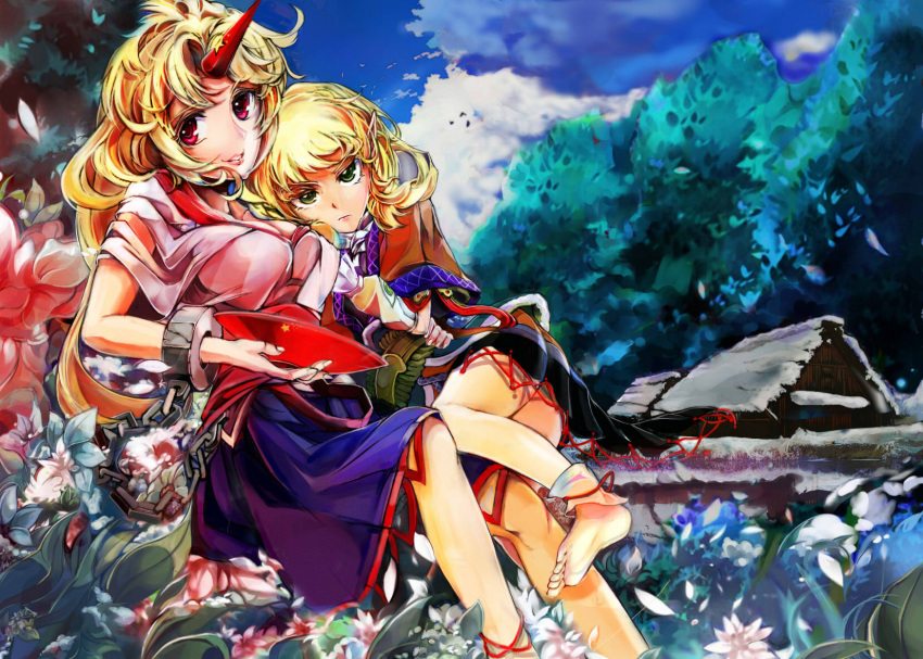 2girls ankle_cuffs arm_warmers bare_legs barefoot belt blonde_hair blouse blue_sky breasts chain cleavage clouds cuffs flower frown green_eyes head_on_shoulder highres horn hoshiguma_yuugi leaf leaning_on_person lips long_hair looking_at_viewer manacles mizuhashi_parsee multiple_girls outdoors parted_lips pointy_ears poyan_noken red_eyes rock sakazuki scarf skirt sky star touhou tree waist_hold yuri