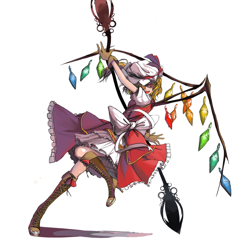 absurdres adapted_costume alternate_costume blonde_hair boots bow cross-laced_footwear dress flandre_scarlet gloves hair_over_one_eye hat hat_bow highres knee_boots lace-up_boots large_bow maz_(fanxuying) open_mouth red_eyes short_hair simple_background solo standing_on_one_leg the_embodiment_of_scarlet_devil touhou wings