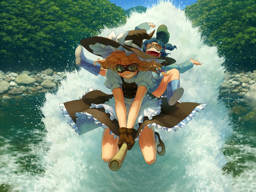 action apron arms_up blonde_hair blue_eyes blue_hair boots bow braid broom broom_riding dress fang foreshortening french_braid gloves goggles grin hair_bobbles hair_bow hair_ornament hair_ribbon hat hat_removed hat_ribbon headwear_removed highres kawashiro_nitori kirisame_marisa lake long_hair multiple_girls om_(carbohydratism) open_mouth puffy_sleeves ribbon rubber_boots screaming scrunchie short_hair skirt smile splash splashing surprised touhou twintails water wide-eyed wide_eyed witch witch_hat yellow_eyes