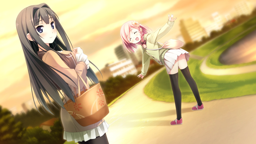 :d ayase_sayuki bag black_hair black_legwear blue_eyes blurry braid building casual closed_eyes depth_of_field eyes_closed flower game_cg grass hair_flower hair_intakes hair_ornament highres kantoku leggings looking_back multiple_girls open_mouth pantyhose pink_hair plaid purse shoes side_braid skirt smile sneakers stairs sweater thigh-highs thighhighs your_diary yua_(your_diary) zettai_ryouiki