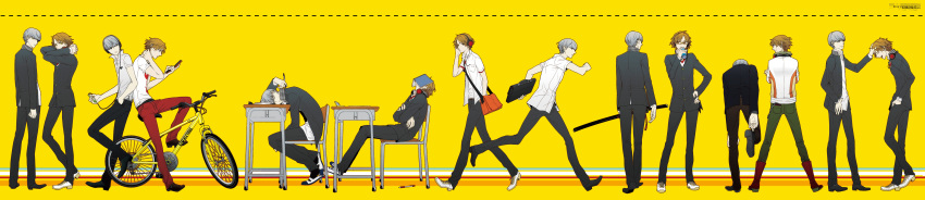 absurdres bag bicycle brown_eyes brown_hair cellphone chair desk digital_media_player glasses grey_eyes grey_hair hanamura_yousuke headphones highres laughing long_image multiple_boys mz narukami_yuu pen persona persona_4 phone school_desk school_uniform sword weapon wide_image