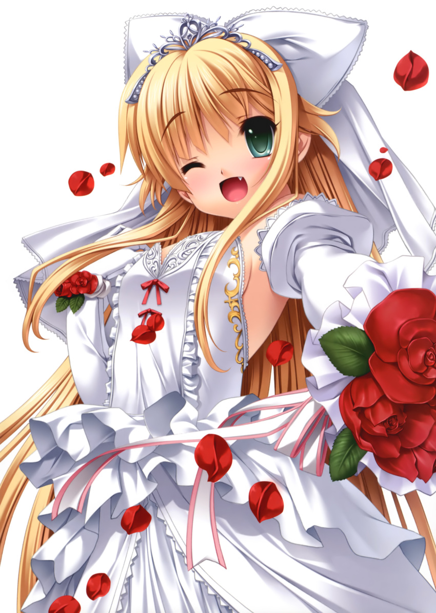 :o ;d absurdres artist_request blonde_hair bouquet charlotte_tiger crown dress fang flower gloves green_eyes hair_ribbon happy highres itoshii_kanojo_no_mamorikata leaf long_hair open_mouth petals red_rose ribbon rose rose_petals senomoto_hisashi smile source_request wedding wedding_dress white_gloves wink
