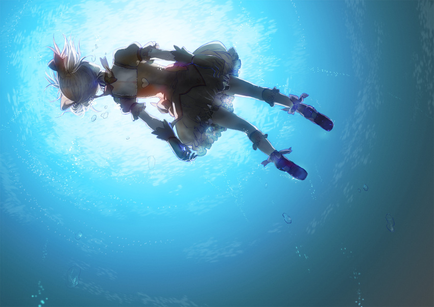 afloat bow bubble dress floating from_behind from_below gloves hair_bow heart highres hitaki_azami kaname_madoka magical_girl mahou_shoujo_madoka_magica pink_hair ribbon_choker short_twintails solo sunlight twintails underwater water