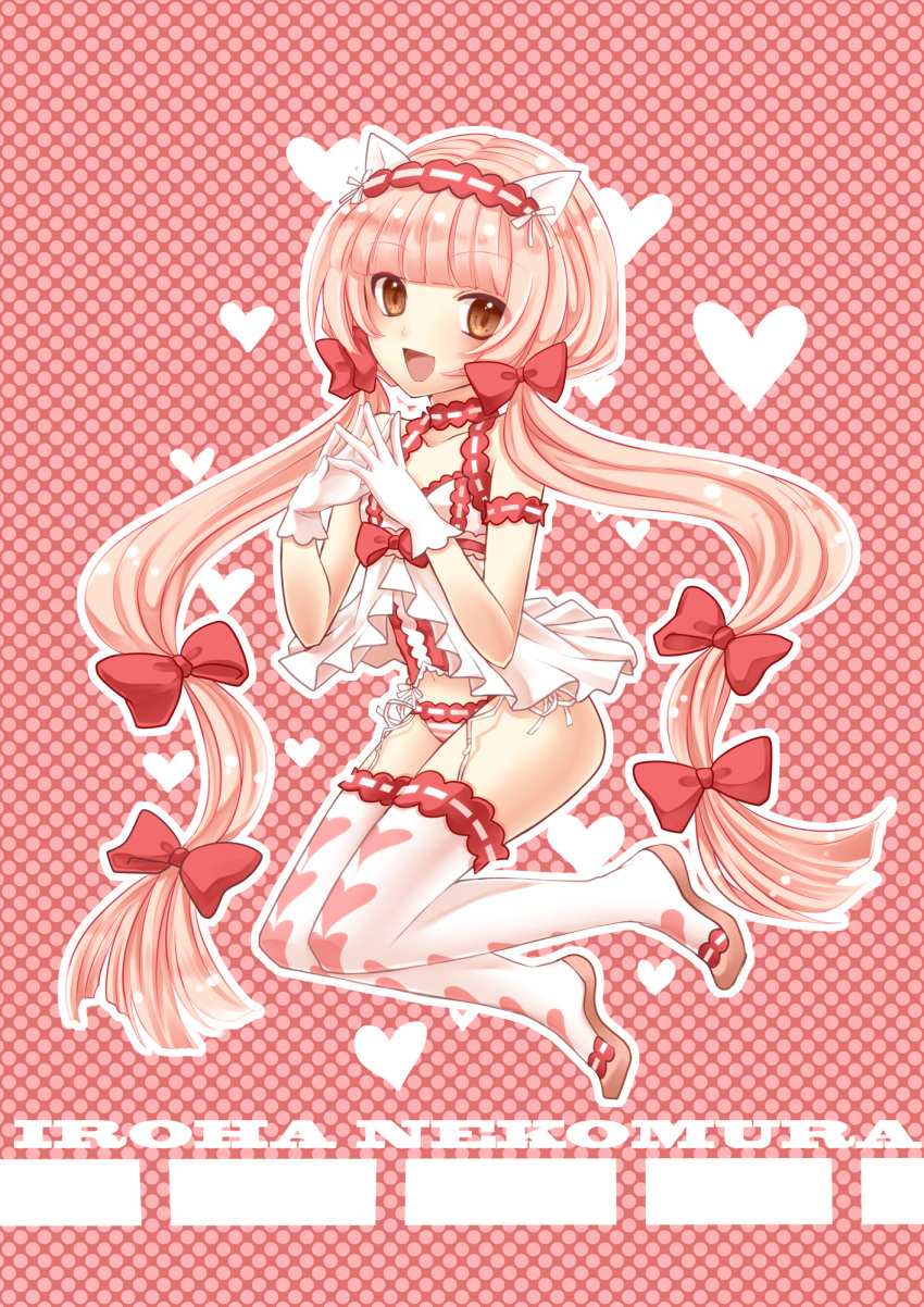 bow brown_eyes cat_ears frills gloves hair_bow heart highres lingerie long_hair nekomura_iroha pink pink_hair ponytail print_legwear shoes smile solo thigh-highs thighhighs twintails underwear very_long_hair vocaloid yayoi_(egoistic_realism)