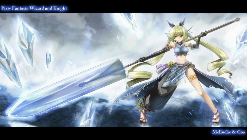fins green_hair highres huge_weapon ice jewelry kuro_mame long_hair midriff navel pixiv_fantasia pixiv_fantasia_wizard_and_knight polearm sandals solo twintails weapon yellow_eyes