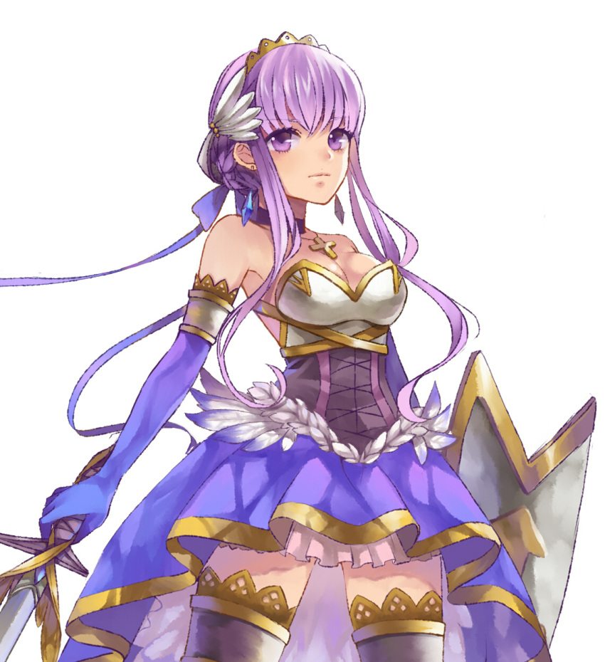 breasts choker cross dress earrings elbow_gloves feathers gloves hair_feathers hair_ribbon highres jewelry long_hair momori pixiv_fantasia pixiv_fantasia_wizard_and_knight purple_eyes purple_hair ribbon shield simple_background solo strapless_dress sword thigh-highs thighhighs tiara violet_eyes weapon