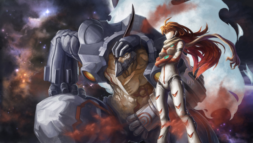buster_machine_7 crossed_arms dix-neuf epic gainax galaxy gunbuster_pose guts guts_(artist) highres mecha nono nono_(top_wo_nerae_2!) realistic red_hair redhead robot scarf science_fiction space star star_(sky) top_wo_nerae_2!