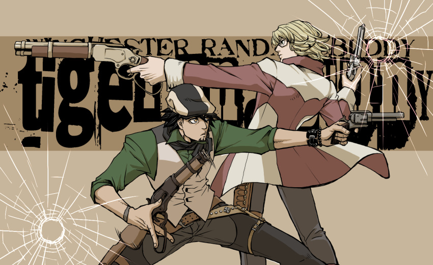 barnaby_brooks_jr blonde_hair bracelet brown_background brown_eyes brown_hair bullet_hole cabbie_hat cocked_hammer dual_wielding facial_hair glasses green_eyes gun hat holster jacket jewelry kaburagi_t_kotetsu lever_action male mare's_leg mare's_leg multiple_boys necktie pistol red_jacket revolver short_hair shotgun steampunk stubble thigh_holster tiger_&amp;_bunny vest waistcoat watch weapon wristwatch yachi93arata