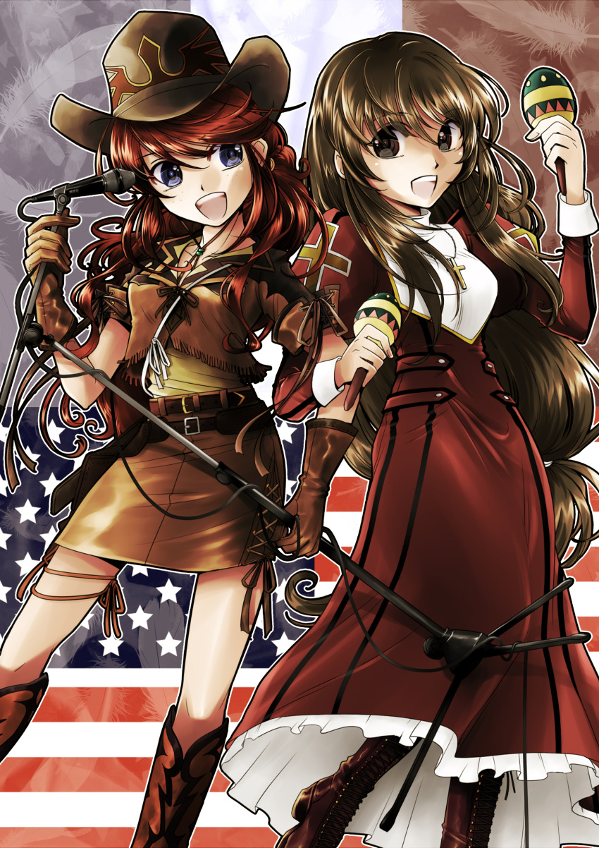 american_flag belt blue_eyes boots brown_eyes brown_hair cowboy_hat cross dress erica_fontaine freckles french_flag frills gemini_sunrise gloves hat highres instrument jacket jewelry kurokawa long_hair low-tied_long_hair maracas microphone microphone_stand multiple_girls necklace open_mouth red_hair redhead sakura_taisen sakura_taisen_iii sakura_taisen_v skirt smile thigh_strap western