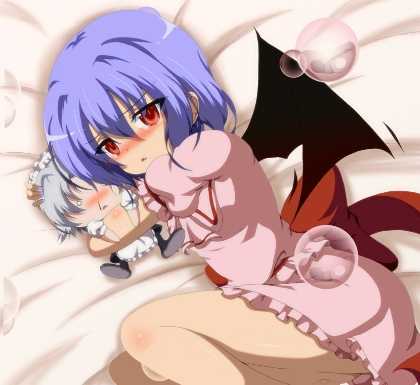 apron bat_wings blood blue_hair blush bubble character_doll chibi doll_hug dr._cryptoso fang highres izayoi_sakuya lying maid maid_headdress multiple_girls no_hat no_headwear nosebleed o_o on_side open_mouth red_eyes remilia_scarlet shirt short_hair silver_hair skirt skirt_set tears touhou wings