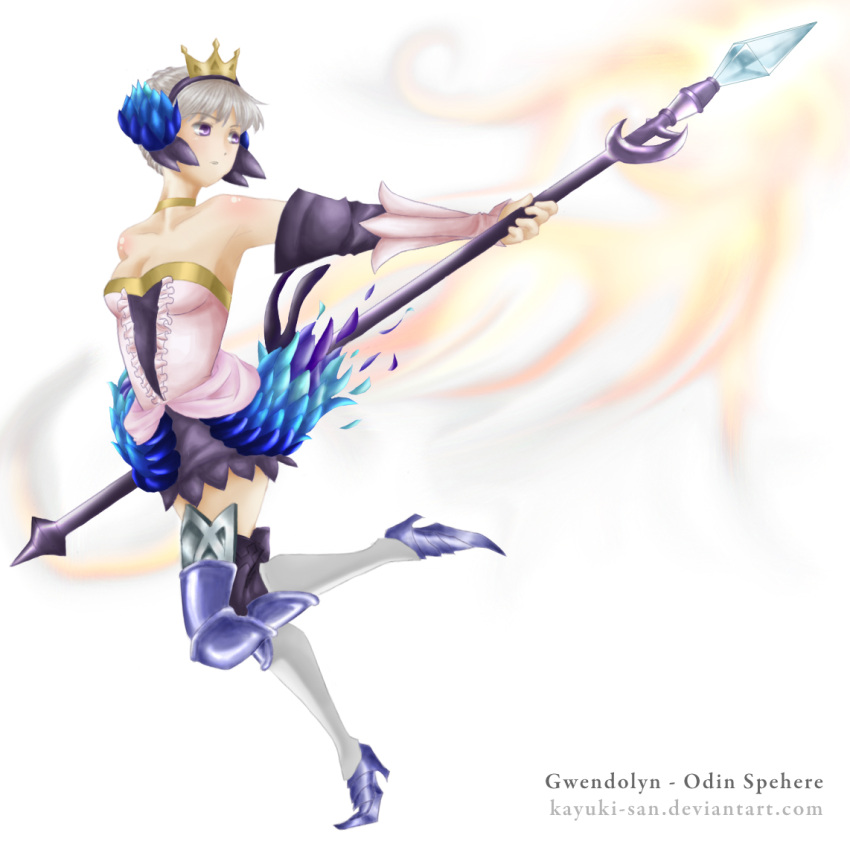 armor aura bare_shoulders bone boots breasts choker collar crown crystal dress dress_shirt elbow_gloves feather feathers gloves gwendolyn hair_accessories hair_ornament kayuki long_hair multi_color odin_sphere polearm princess purple_eyes solo spear spear(weapon) strapless_dress thigh_boots thighhighs violet_eyes weapon white_hair wings