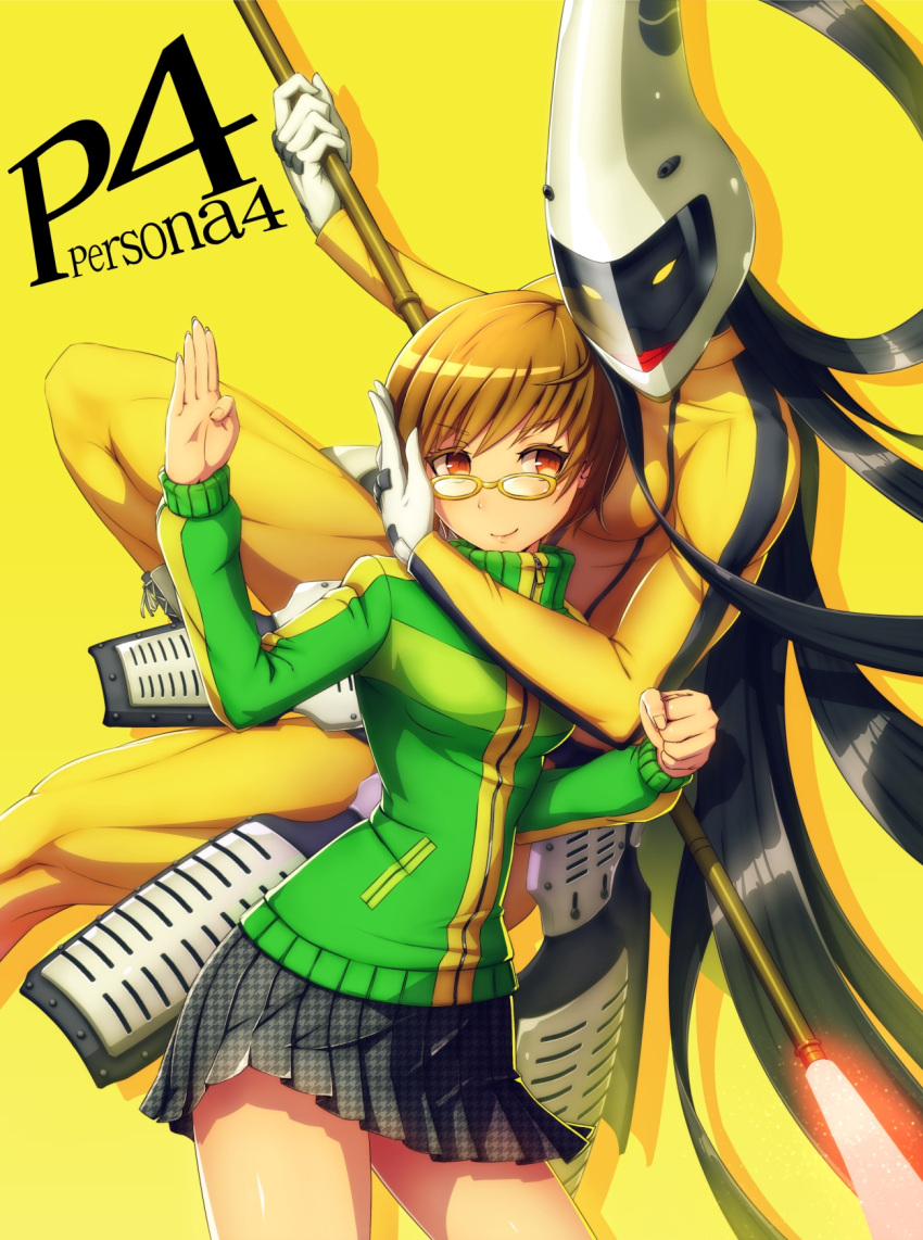 brown_hair daizo glasses highres houndstooth persona persona_4 pleated_skirt satonaka_chie short_hair skirt smile tomoe_(persona_4) track_jacket yellow-framed_glasses