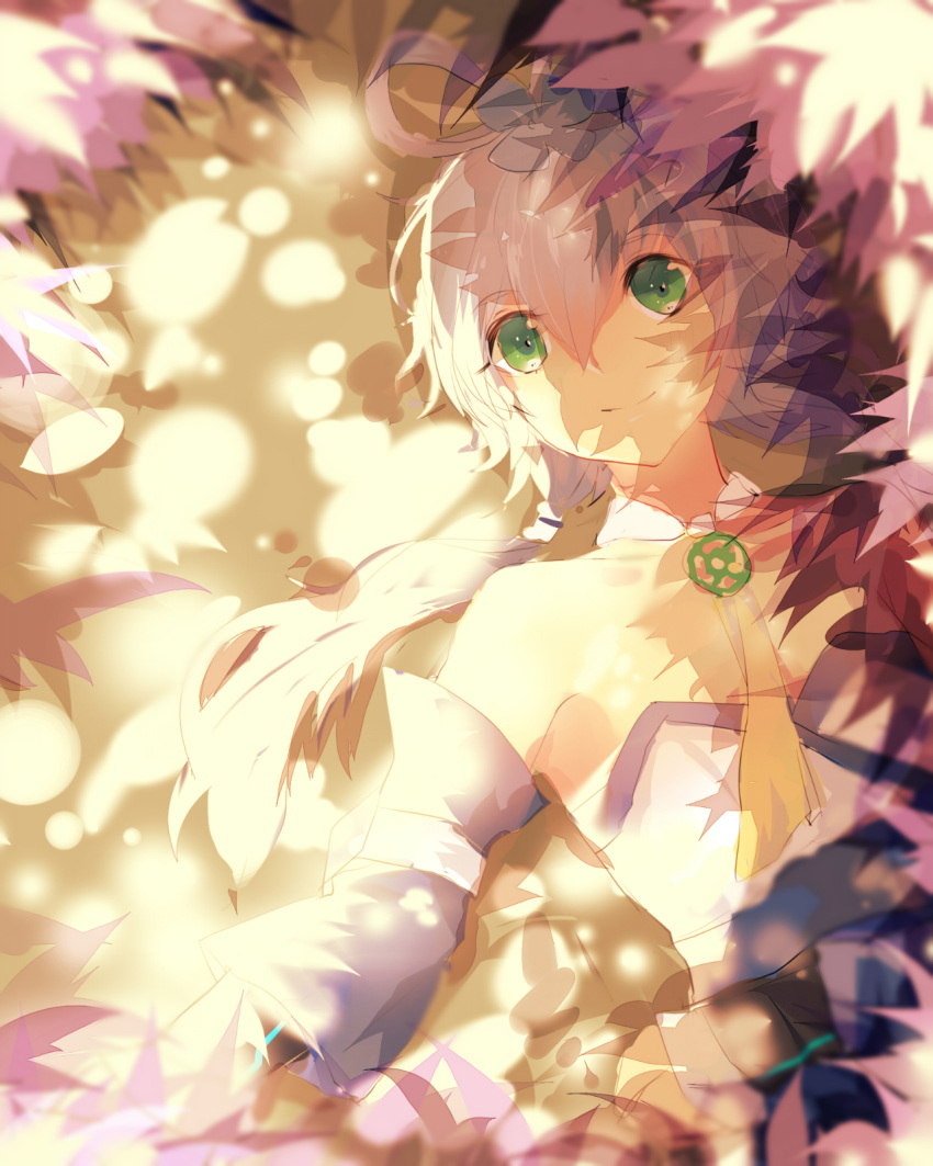 1girl bare_shoulders detached_sleeves green_eyes hair_rings hair_tubes highres leaf luo_tianyi lying madao smile solo vocaloid