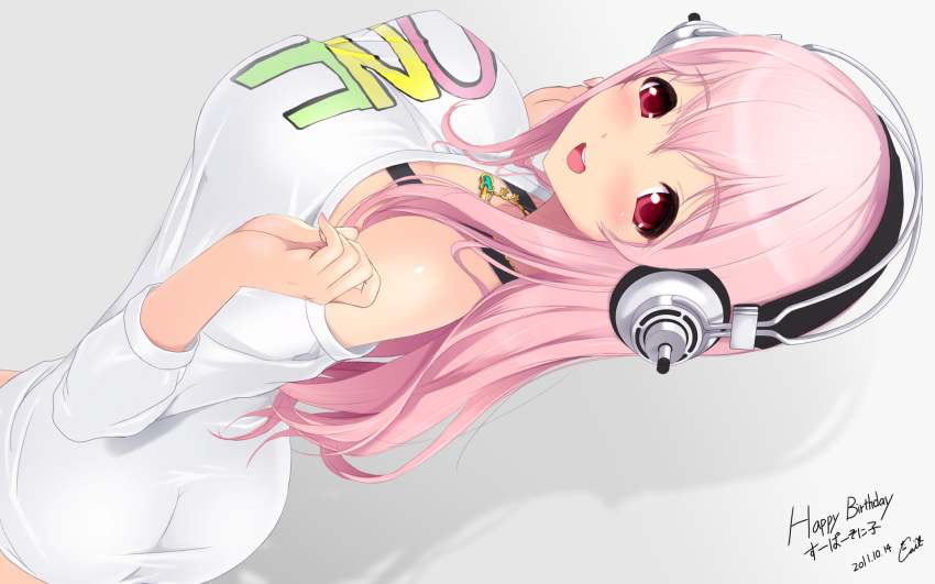 ass bare_shoulders blush breasts cait erect_nipples from_above from_below headphones highres jewelry large_breasts long_hair nail_polish necklace nitroplus no_bra off_shoulder open_mouth pink_hair red_eyes smile solo sonico super_sonico sweater_dress