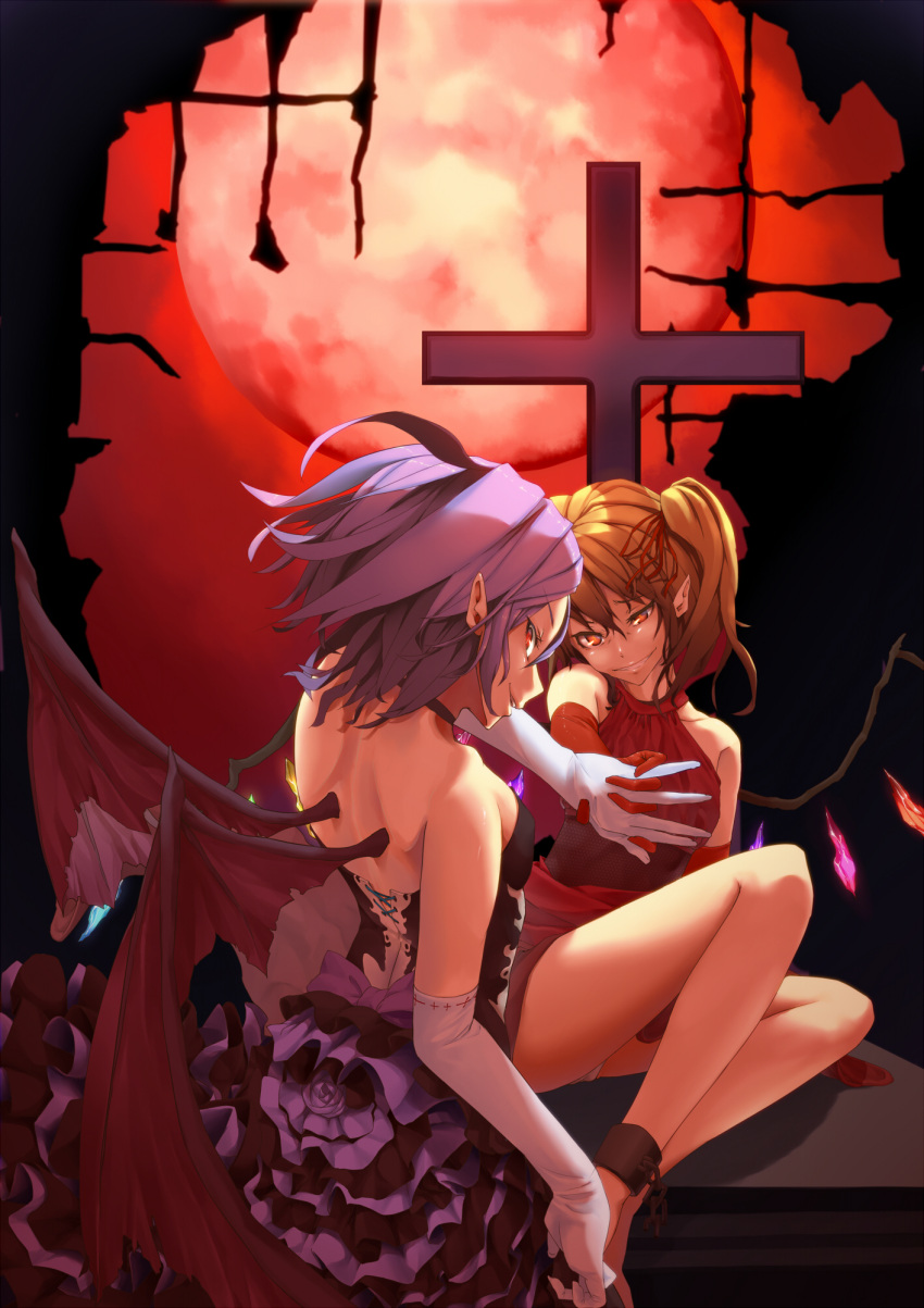 alternate_costume ankle_cuffs back bare_legs bare_shoulders barefoot bat_wings blonde_hair blue_hair choker crazy_eyes cross cuffs dress elbow_gloves flandre_scarlet frilled_dress frills from_behind full_moon gloves grin hair_ribbon hand_holding hands_clasped highres holding_hands interlocked_fingers legs looking_at_viewer looking_back moon multiple_girls no_hat no_headwear orange_eyes panties pantyshot pantyshot_(sitting) pantyshot_sitting pointy_ears purple_eyes red_dress red_gloves red_moon red_sky remilia_scarlet ribbon shackle shackles short_hair siblings side_ponytail sisters sitting sky sleeveless sleeveless_dress slit_pupils smile smirk strapless_dress touhou underwear white_gloves white_panties wings yoo_(pixiv630924) yoo_(tabi_no_shiori)