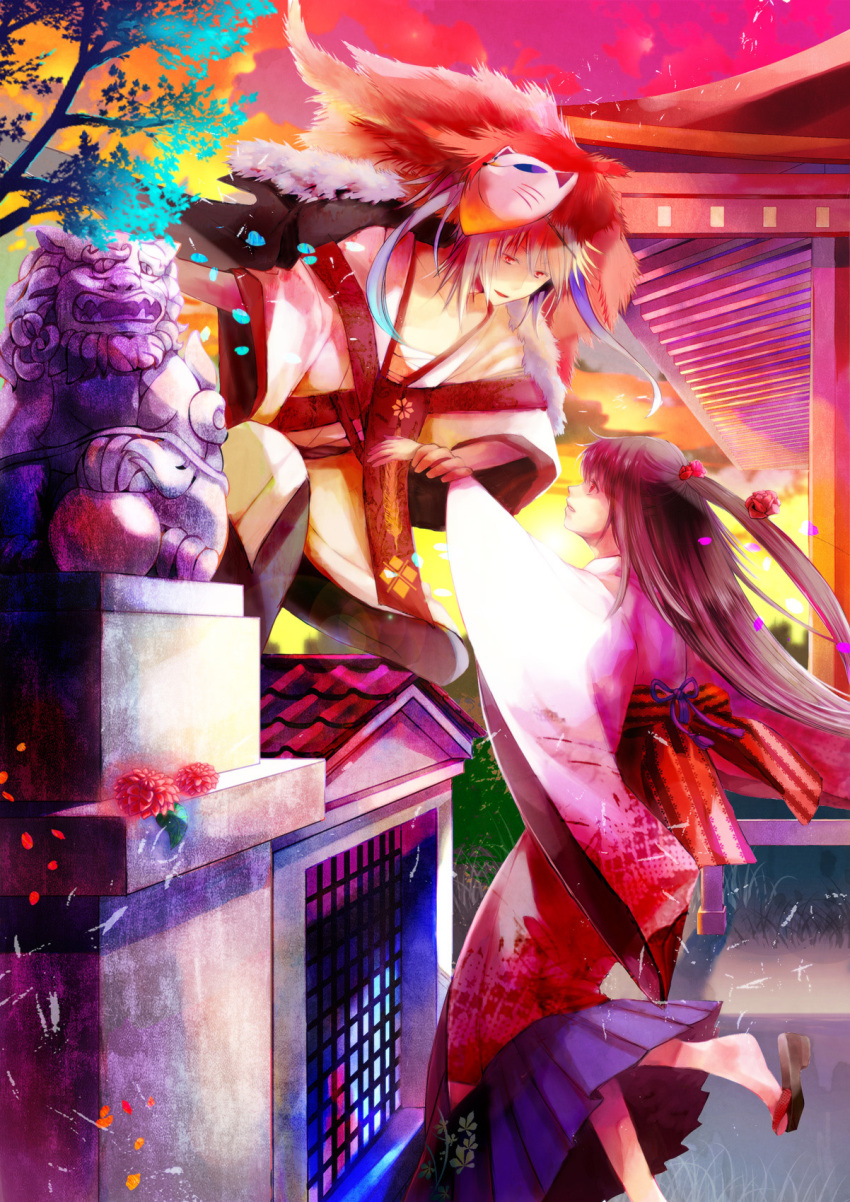 flower hair_flower hair_ornament highres japanese_clothes kimono komainu long_hair mask original petals pull red_eyes sandals short_hair tuchiya_ali white_hair wrist_grab