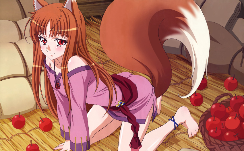 absurdres all_fours animal_ears anklet apple arm_support bad_feet bare_shoulders barefoot blush brown_eyes brown_hair detexted dress error feet food fruit highres holo jewelry long_hair red_eyes shinohara_kenji smile solo spice_and_wolf tail very_long_hair wolf_ears wolf_tail wolfgirl