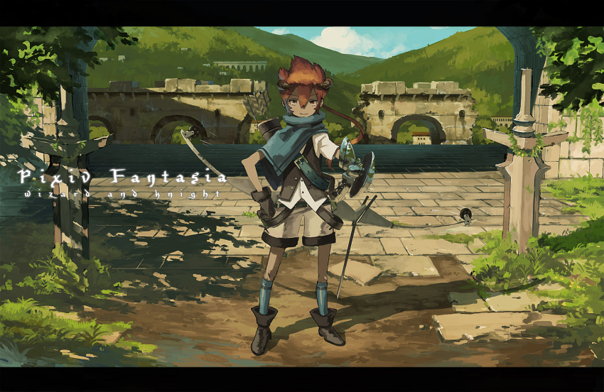 bad_id boots bow_(weapon) brown_eyes brown_hair cloud gauntlets gloves hand_on_hip hips horns letterboxed looking_at_viewer male mountain pixiv_fantasia pixiv_fantasia_wizard_and_knight ponytail quiver rounin_(amuza) shadow shield shorts sky standing weapon