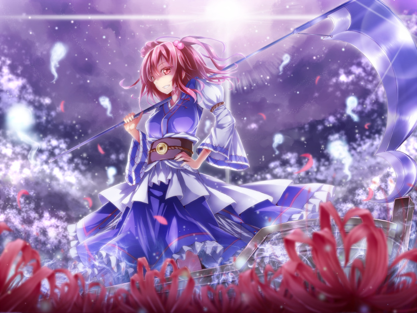 alternate_weapon backlighting blurry dabadhi depth_of_field flower ghost grin hair_bobbles hair_ornament hand_on_hip highres hitodama obi onozuka_komachi red_eyes red_hair redhead scythe short_hair smile solo spider_lily touhou twintails weapon