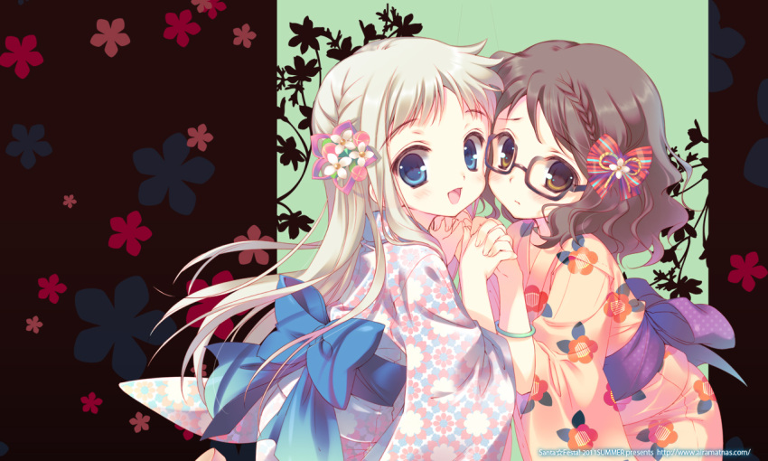 :d anjou_naruko ano_hi_mita_hana_no_namae_wo_bokutachi_wa_mada_shiranai black_hair blue_eyes braid child floral_background flower glasses hair_flower hair_ornament hand_holding holding_hands honma_meiko interlocked_fingers japanese_clothes kimono long_hair looking_at_viewer multiple_girls open_mouth santa_matsuri silver_hair smile tsurumi_chiriko yellow_eyes young yukata