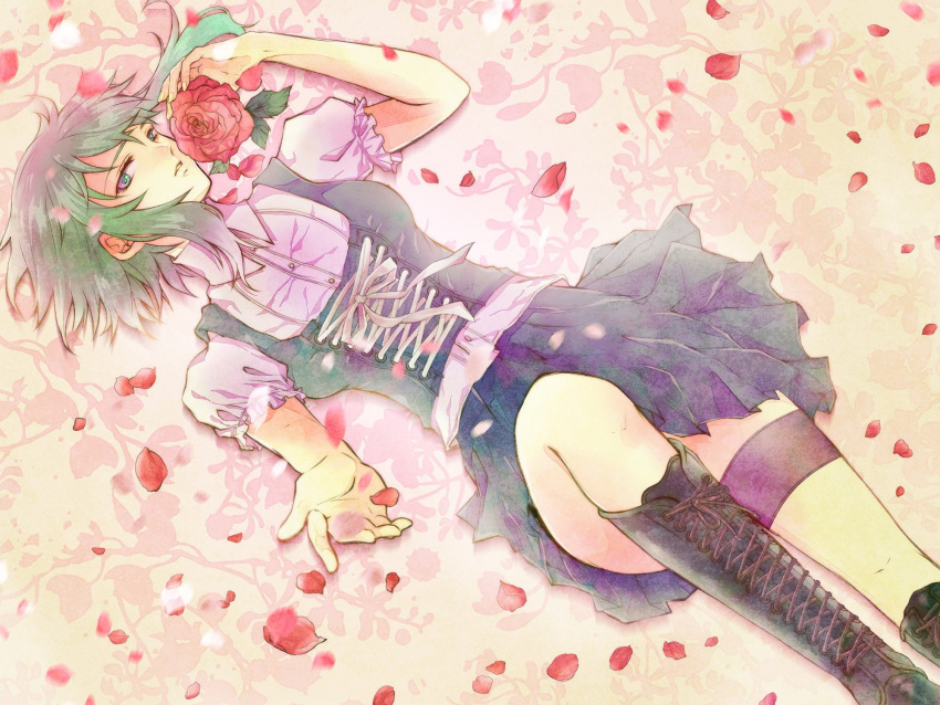 bad_id boots dobu_hinako flower foreshortening from_above green_eyes green_hair gumi highres leg_band lying on_back petals rose short_hair solo vocaloid
