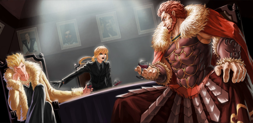 2boys ahoge armor beard black_gloves blonde_hair crossed_legs cup cupping_glass earrings facial_hair fate/stay_night fate/zero fate_(series) feitie formal fur_coat gilgamesh gloves green_eyes highres jewelry legs_crossed long_hair multiple_boys necktie open_mouth pant_suit ponytail red_eyes red_hair redhead rider_(fate/zero) saber short_hair sitting suit wine wine_glass wink