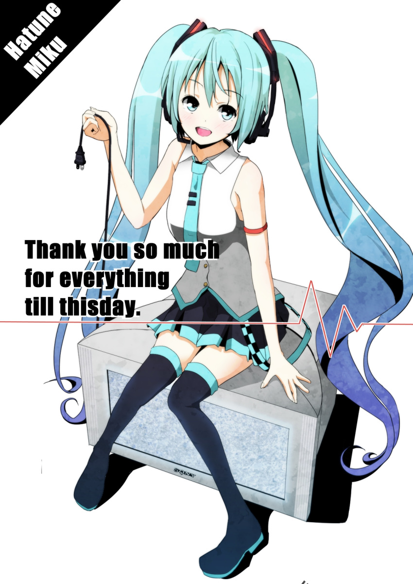 aqua_eyes aqua_hair boots brand_name_imitation engrish hatsune_miku headphones headset highres long_hair necktie open_mouth ranguage sitting skirt television thigh-highs thigh_boots thighhighs twintails very_long_hair vocaloid vocaloid_(lat-type_ver)