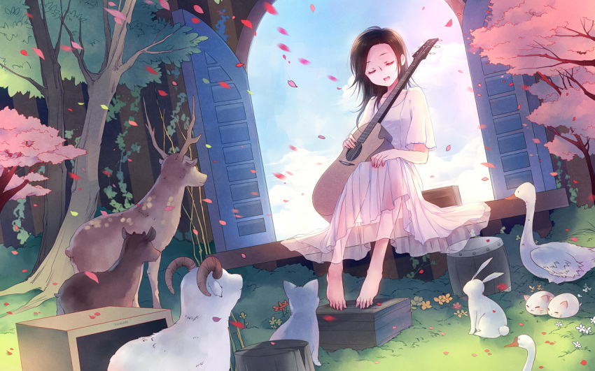 &gt;_&lt; :3 acoustic_guitar animal barefoot barrel bird blue_sky box brown_hair bunny cat cherry_blossoms closed_eyes cloud deer dress eyes_closed flower forest goat goose grass guitar hamster horns instrument kieta leaf long_hair nature open_mouth original petals rabbit see-through sheep singing sitting sky smile solo surreal swan tree whiskers white_dress wind window x3