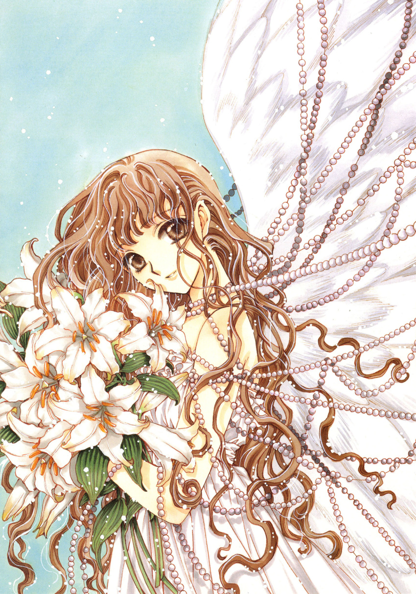 angel_wings bare_shoulders bouquet brown_eyes brown_hair clamp dress flower head_tilt highres holding holding_flower light_smile lily_(flower) long_hair looking_at_viewer monou_kotori official_art pearl scan scan_artifacts sleeveless smile solo traditional_media wavy_hair white_dress wings x_(manga)