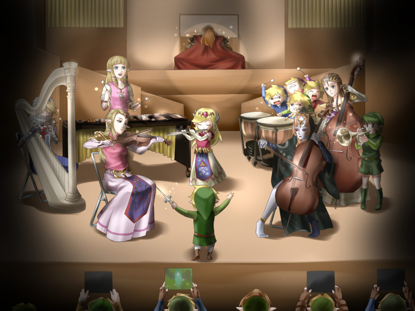 blonde_hair blue_eyes brown_hair cape cello closed_eyes earrings eyes_closed flute four_swords ganondorf gloves green_hair hairband harp hat highres imp instrument jewelry legemd link long_hair marimba midna multiple_persona nintendo ocarina_of_time organ pointy_ears princess_zelda red_eyes reverse_trap saria sheik skyward_sword spirit_tracks the_legend_of_zelda timpani trumpet twilight_princess violin wasabi_(legemd) wind_waker xylophone