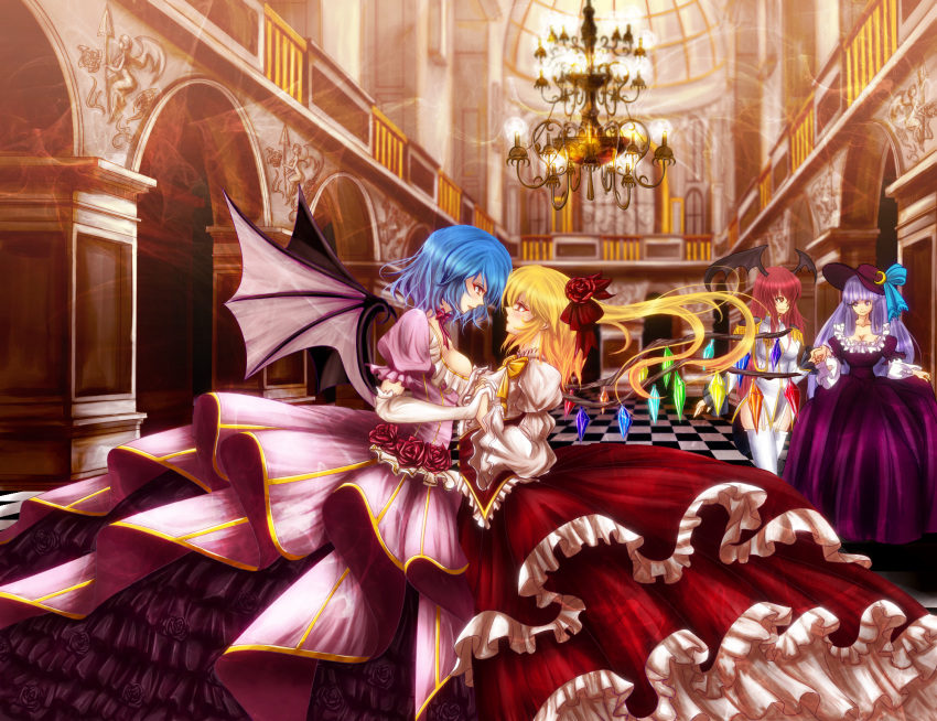 adult alternate_costume arch bat_wings blonde_hair blue_hair blurry blush bow breasts chandelier checkered checkered_floor crescent depth_of_field dome dress epaulettes flandre_scarlet flower frills garters hand_holding hat hat_bow head_wings highres holding_hands interlocked_fingers koakuma long_hair multiple_girls no_hat no_headwear patchouli_knowledge perspective ponytail purple_eyes purple_hair red_eyes red_hair red_rose redhead remilia_scarlet rose short_hair shoulder_pads the_embodiment_of_scarlet_devil touhou untsue very_long_hair violet_eyes wings