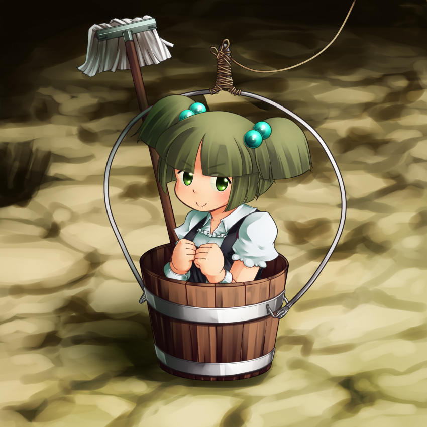 33kudo bucket child dress_shirt girl_in_bucket green_eyes green_hair hair_bobbles hair_ornament highres in_bucket in_container kisume mop rope shirt short_hair smile solo touhou twintails wrist_cuffs