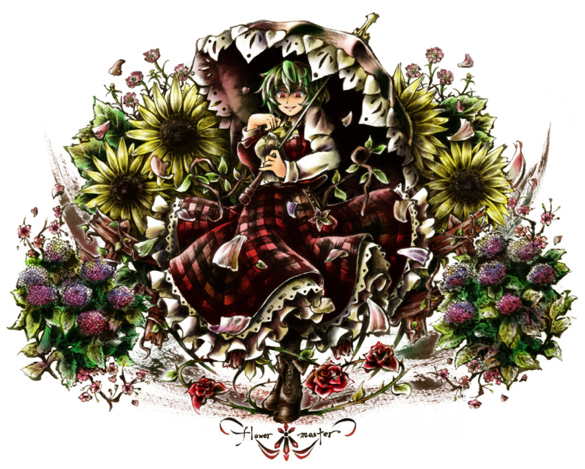 ascot boots breasts cross-laced_footwear dress flower frills green_hair hand_on_another's_chest highres kazami_yuuka large_breasts link163353 petticoat plaid plaid_skirt plaid_vest red_eyes shaded_face skirt skirt_set smile solo sunflower touhou umbrella youkai
