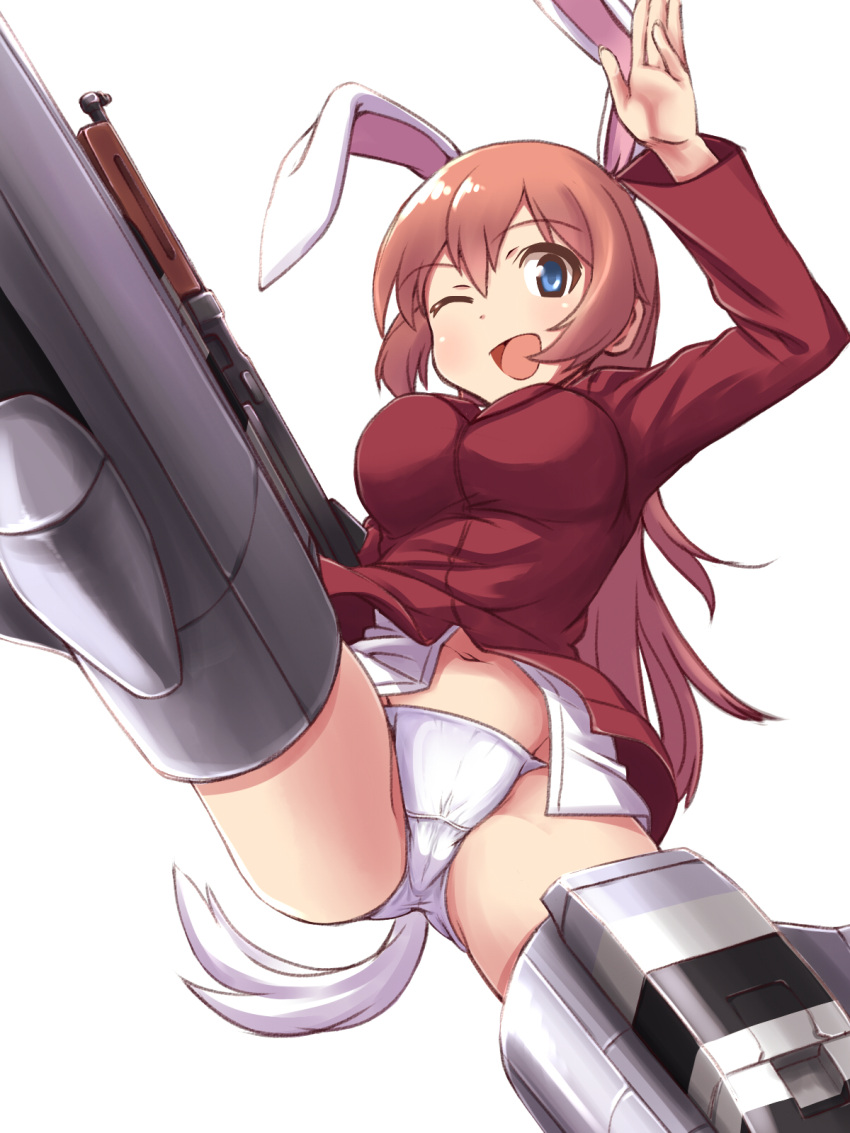 1girl ;d a9b_(louis814) animal_ears blue_eyes blush bunny_tail charlotte_e_yeager flying highres long_hair long_sleeves military military_uniform navel one_eye_closed open_mouth orange_hair panties rabbit_ears simple_background smile solo strike_witches striker_unit tail underwear uniform white_background white_panties