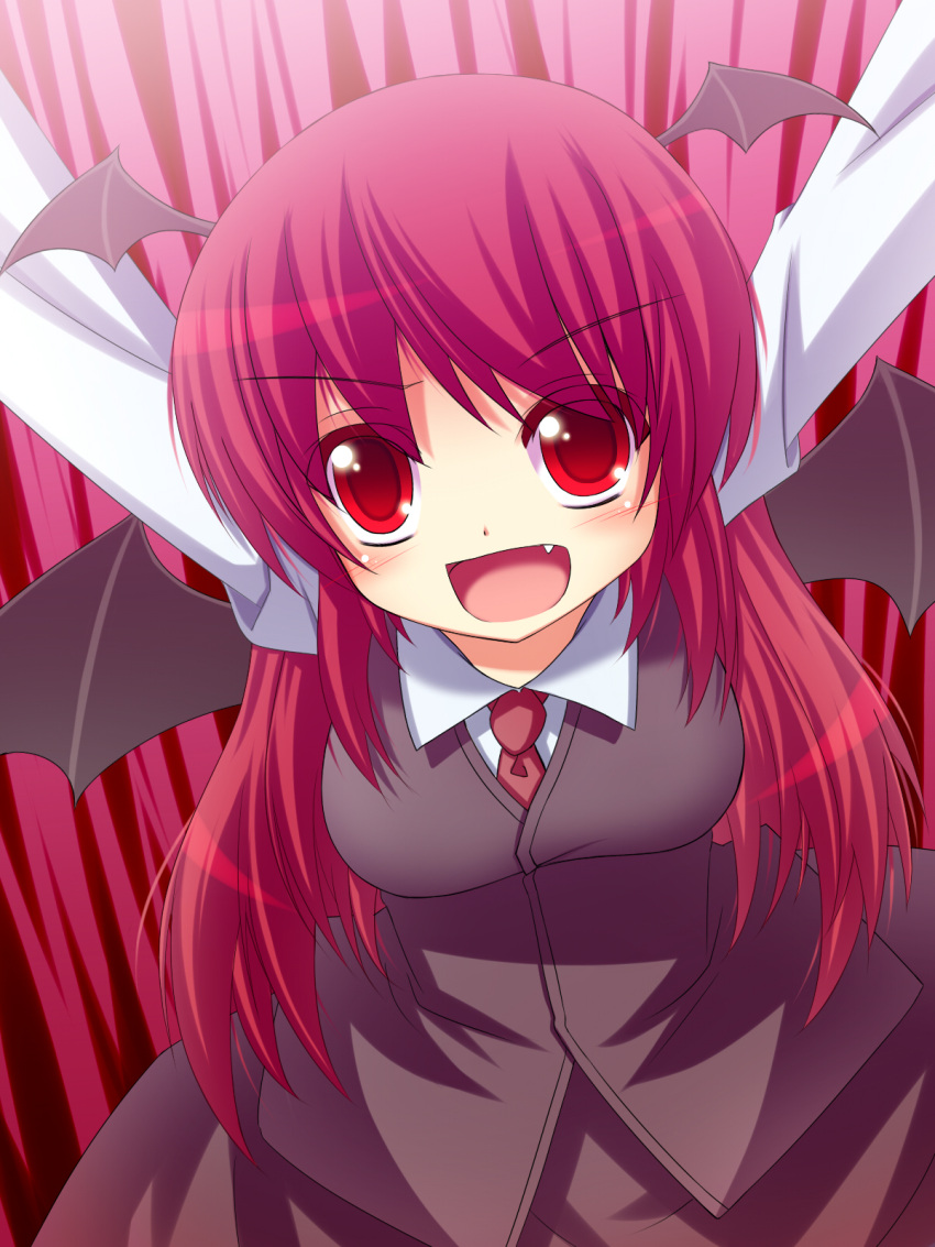 &gt;:) &gt;:d :d arms_up bat_wings blush dress_shirt fang head_wings highres koakuma long_hair long_sleeves necktie open_mouth red_eyes red_hair redhead shefu shirt skirt skirt_set smile solo the_embodiment_of_scarlet_devil touhou very_long_hair vest wings