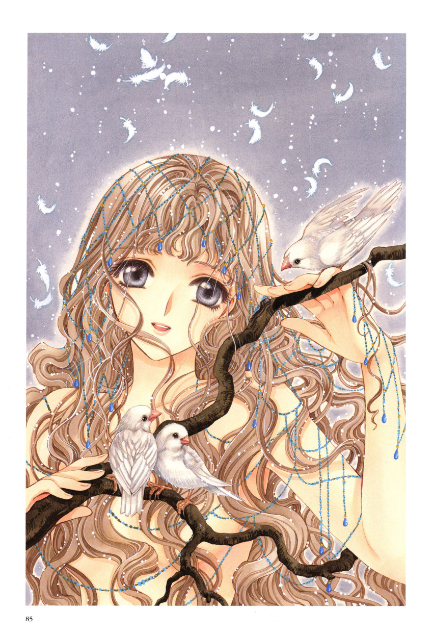 absurdres bird branch brown_eyes brown_hair clamp eyelashes face feathers grey_background hair_ornament highres long_hair looking_at_viewer monou_kotori nude official_art pearl scan scan_artifacts silver_eyes smile solo traditional_media veil wavy_hair x_(manga)