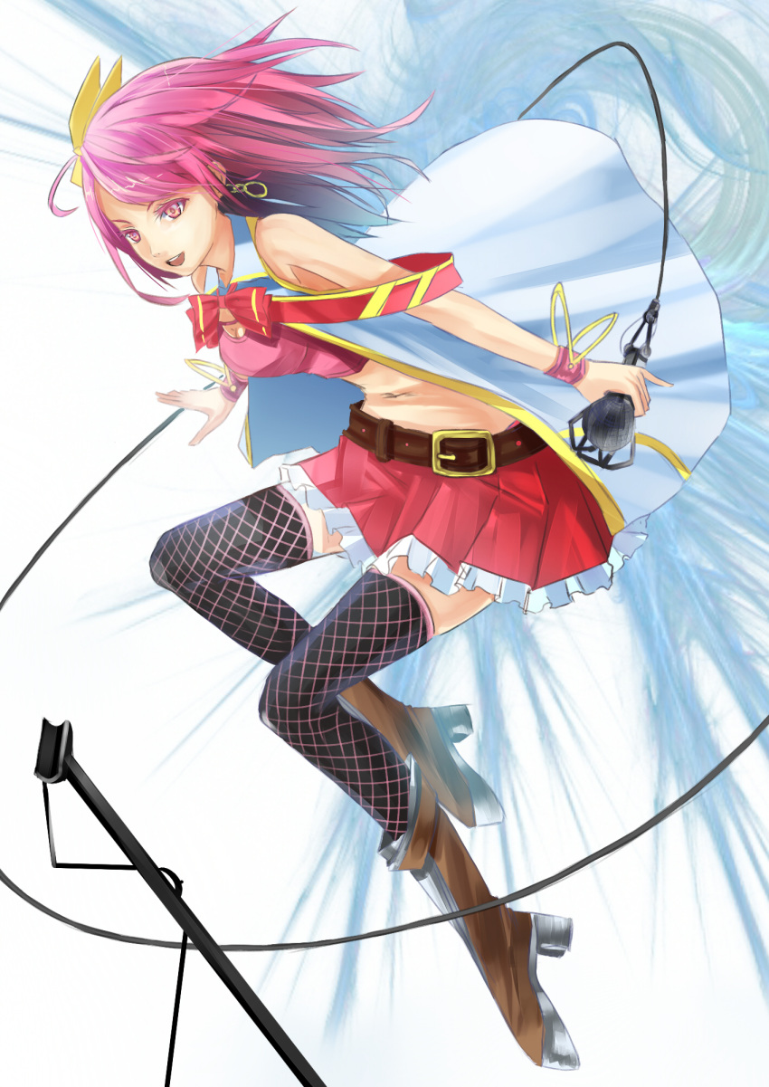belt black_legwear boots bow bracelet earrings fishnet_legwear fishnet_stockings fishnets hair_bow hair_ribbon highres jewelry jumping leaning_forward legwear long_hair microphone microphone_stand midriff open_mouth original pink_eyes pink_hair pinky_out reio_(reio_reio) reio_reio ribbon skirt solo thigh-highs thighhighs