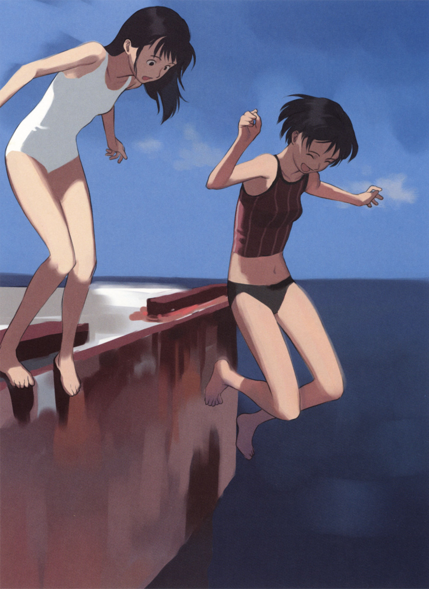 2girls barefoot bikini closed_eyes duplicate feet flat_chest highres jumping multiple_girls screening swimsuit takamichi tankini water