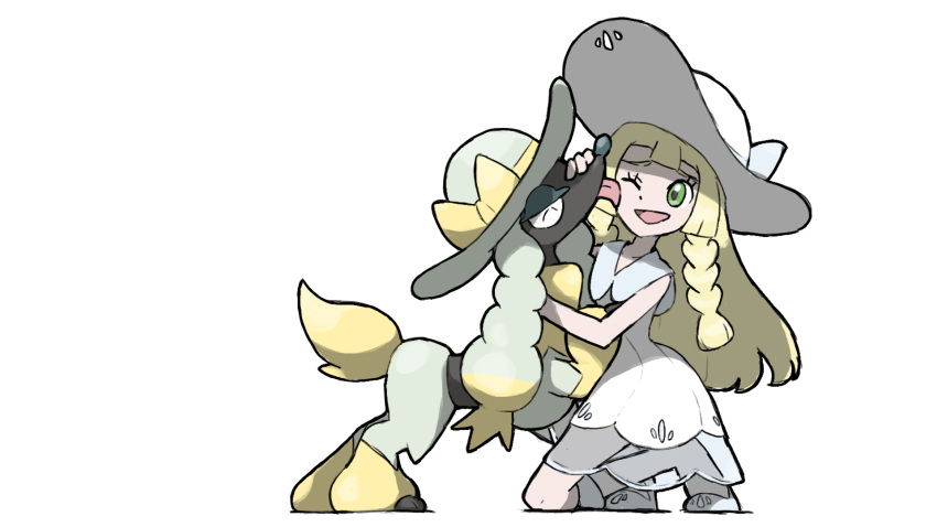 1girl ;d blacknirrow blonde_hair closed_eyes dog dress eyelashes furfrou furfrou_(debutante) green_eyes hand_on_another's_face hat highres licking licking_another's_face lillie_(pokemon) long_hair one_eye_closed open_mouth pokemon pokemon_(creature) pokemon_sm simple_background smile socks sundress tongue tongue_out white_background white_dress white_footwear white_hat white_socks