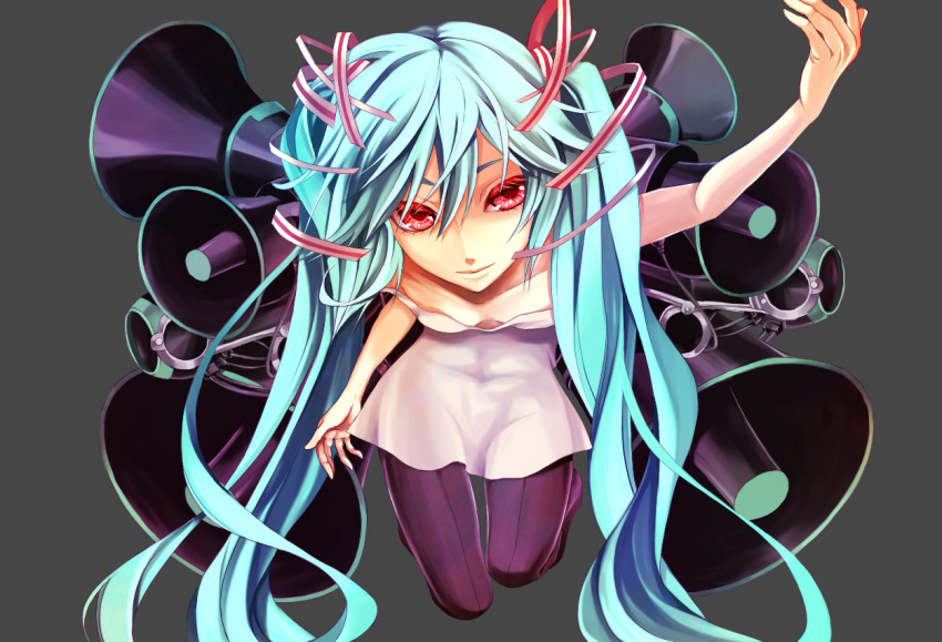 1girl aqua_hair flat_chest gray hair_ribbon hands hatsune_miku lips long_hair macco megaphone pantyhose red_eyes ribbon smile solo twintails very_long_hair vocaloid