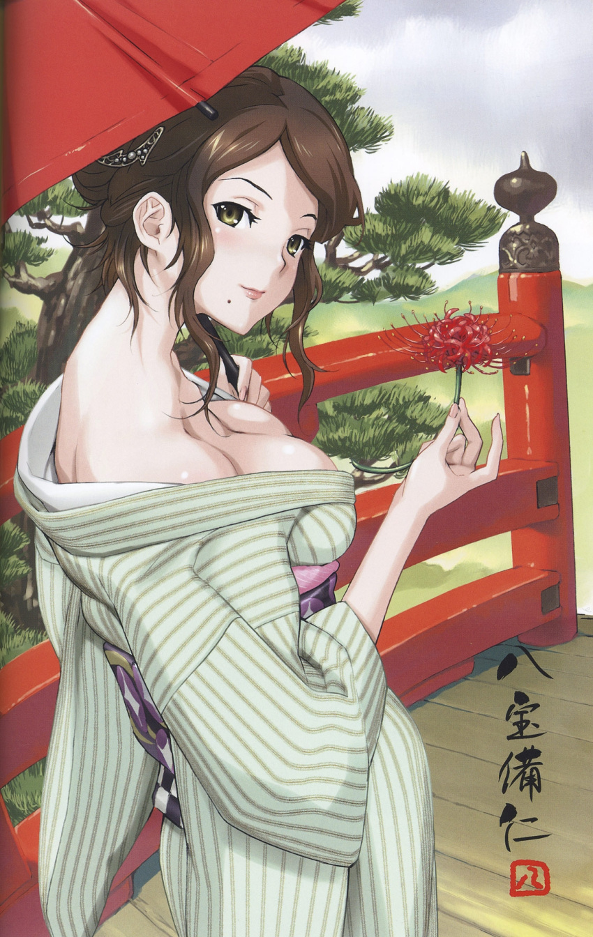 blush breasts flower kimono long_hair open_shirt
