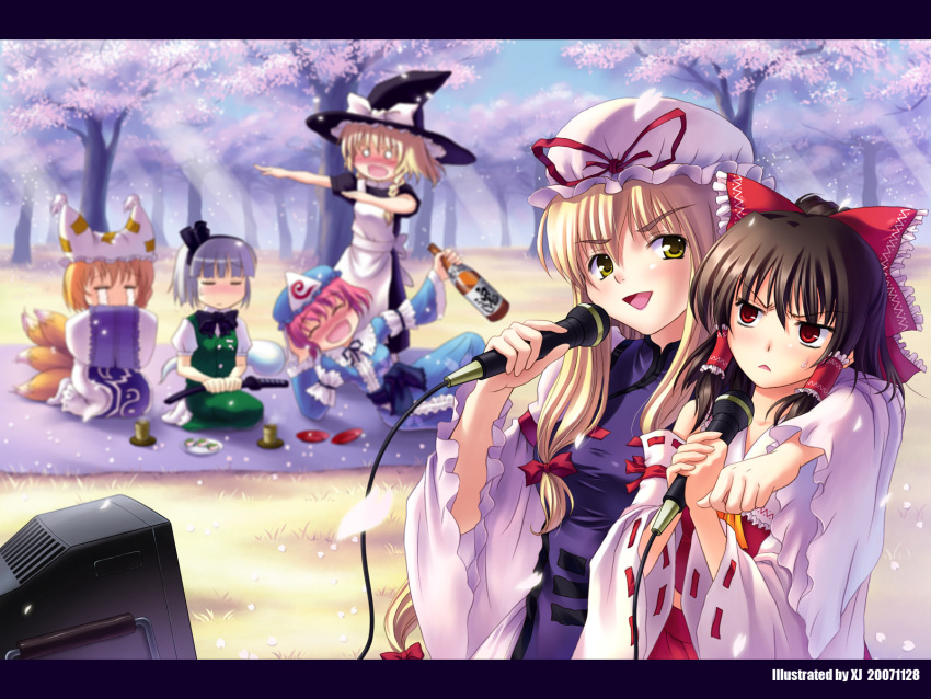 6+girls alice_margatroid blush cherry_blossoms day drunk foxgirl highres japanese_clothes karaoke kirisame_marisa kitsunemimi konpaku_youmu konpaku_youmu_(ghost) liquor long_hair miko petals saigyouji_yuyuko short_hair shrine_maiden skirt sword tabard tail tears touhou trigram wallpaper xiaojing yakumo_ran yakumo_yukari