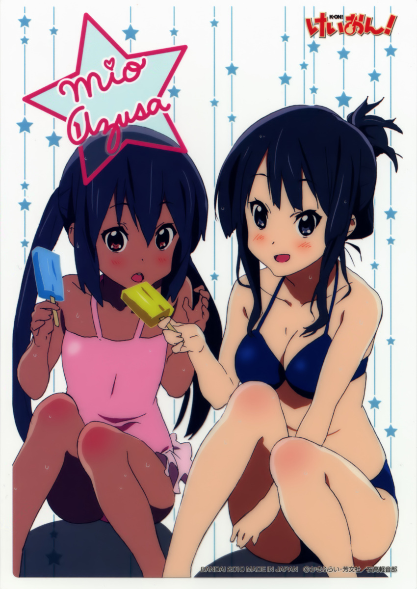 2girls absurdres akiyama_mio bikini black_hair blue_eyes blush breasts brown_eyes card cleavage eating flat_chest food highres ice_cream k-on! large_breasts long_hair multiple_girls nakano_azusa one-piece_swimsuit open_mouth popsicle scan sitting smile swimsuit tan twintails