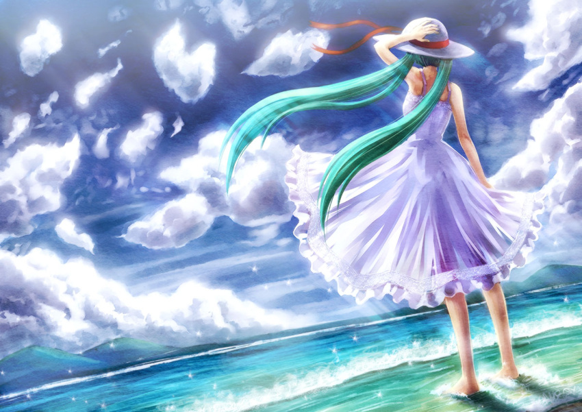 1girl aqua_hair barefoot cloud dress from_behind hand_on_hat hat hatsune_miku hyuuga_azuri ocean sky solo sun_hat twintails vocaloid wading water white_dress wind