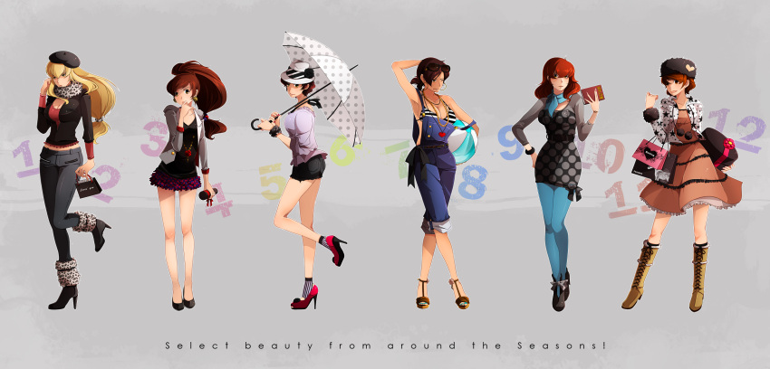 :o bag ball beret book breasts cleavage fashion glasses gray hair_ribbon hands hat high_heels highres jewelry large_breasts legs long_hair lupin_iii nasubi_(pixiv) nasubi_(w.c.s) necklace overalls pantyhose ribbon shoes shorts skirt smile trap umbrella