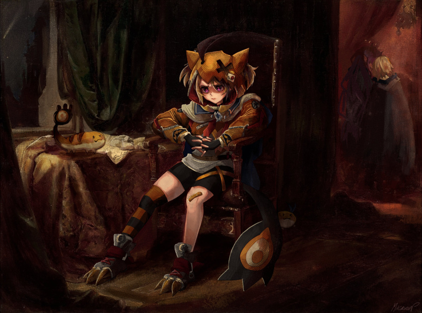 2girls absurdres ahoge bandaid bandaid_on_knee bandaid_on_leg black_gloves black_shorts blonde_hair brown_hair fine_art_parody fingerless_gloves gigi_murin gigi_murin_(1st_costume) gloves grem_(gigi_murin) highres hololive hololive_english hood hood_up hooded_shrug indoors interlocked_fingers miku_(mikururun) multiple_girls orange_hood orange_shrug parody pink_eyes shorts shrug_(clothing) single_thighhigh sitting stanczyk_(painting) striped_clothes striped_thighhighs tail thigh-highs